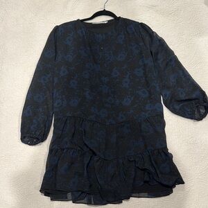 Zara Blue V-Neck Bishop Sleeve Mini Dress